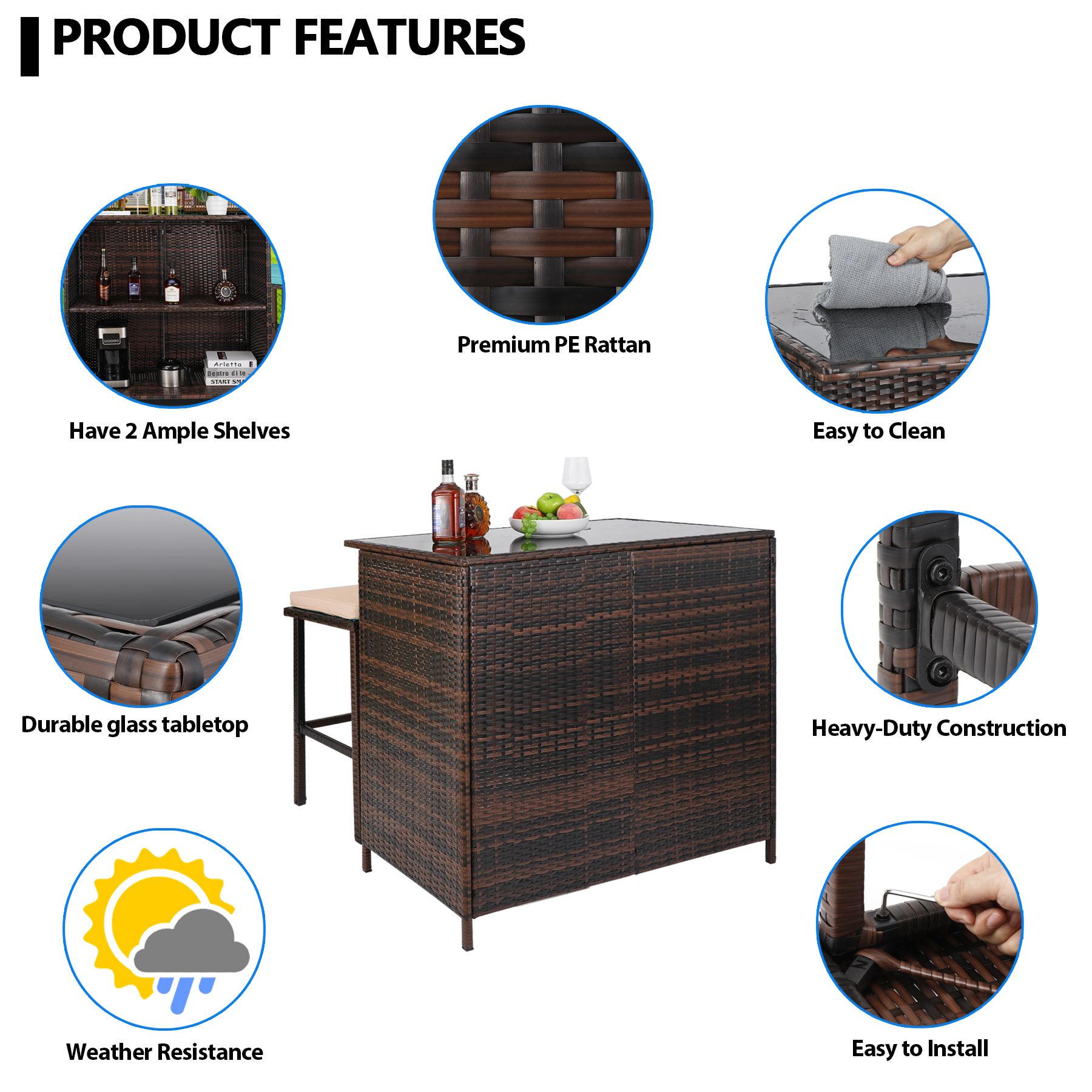 Outdoor Bar Furniture， 3 Piece Patio Bar Set， Brown Rattan Bar with Storage， 2 Brown Stool Cushions