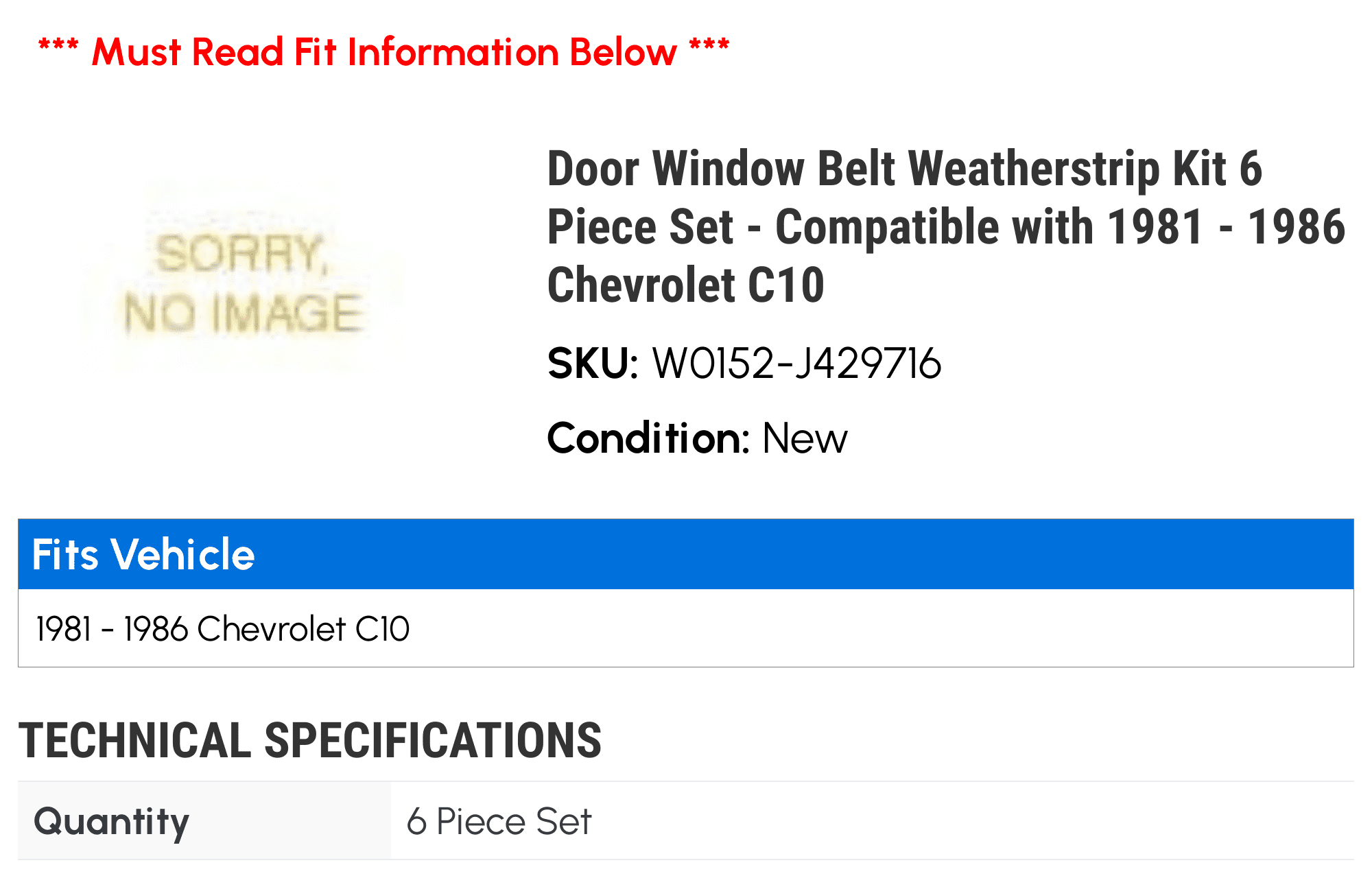 Door Window Belt Weatherstrip Kit 6 Piece Set - Compatible with 1981 - 1986 Chevy C10 1982 1983 1984 1985