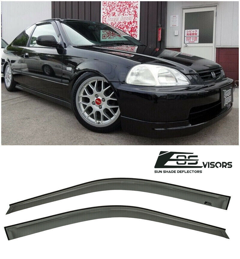 Extreme Online Store For 1996-2000 Honda Civic Coupe and Hatchback Models | EOS Visors Tape-On Style JDM Smoke Tinted Side Window Deflectors Rain Guard Hatch EM1 EK9 SI