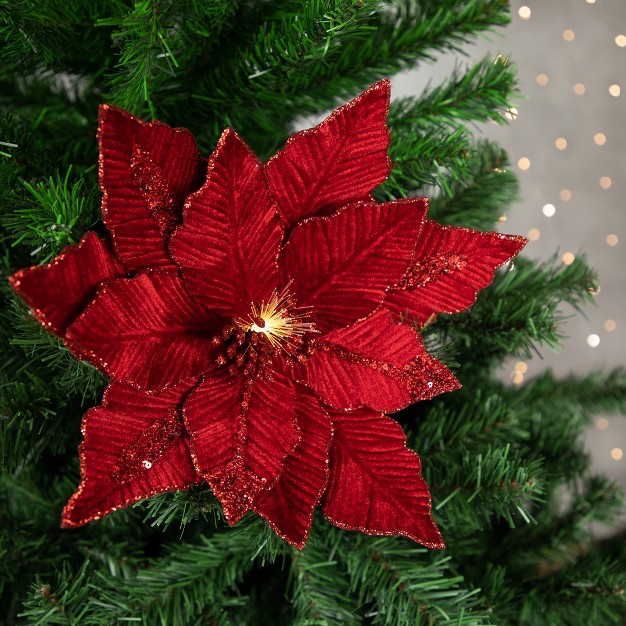 Lighted Red Velvet Poinsettia Christmas Stem Spray