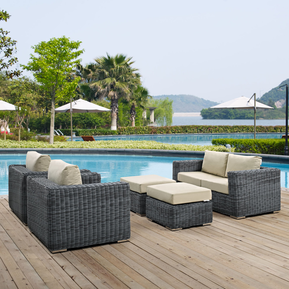 Summon 5 Piece Outdoor Wicker Rattan Sunbrella Sectional Set   Tropical   Outdoor Dining Sets   by Kolibri Decor  Houzz