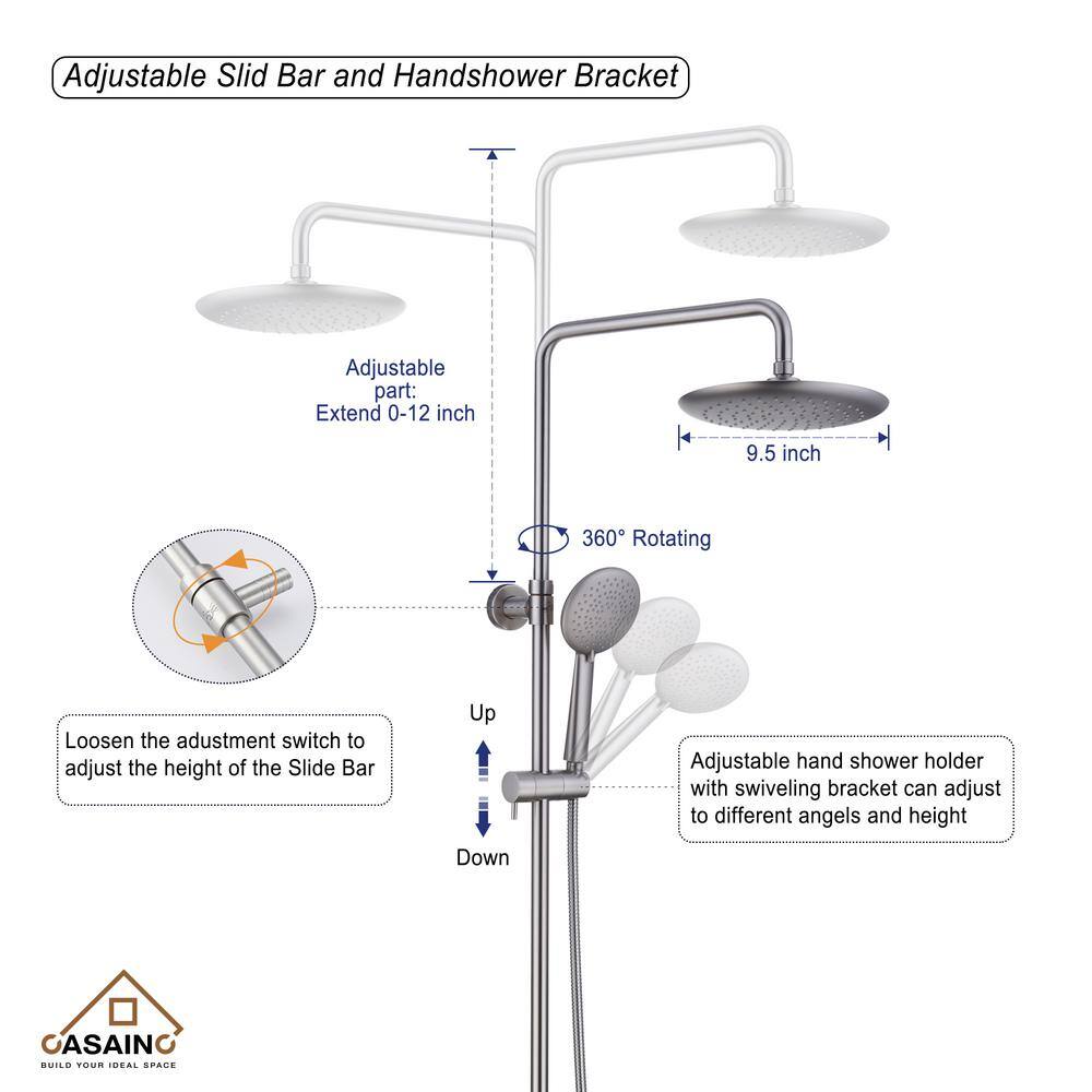 CASAINC 5-Spray Patterns 9.5 in. Thermostatic Rain Shower Faucet Wall Mount Dual Shower Heads in Spot Resist Brushed Nickel HM-T101-RO-BN