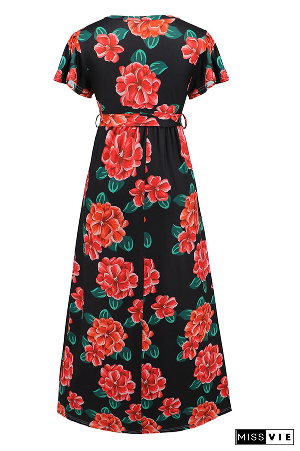 V Neck Short Sleeves Floral Maxi Dress