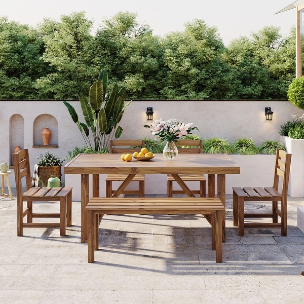 6Piece Patio Outdoor Acacia Wood Table and Chair Set With Bench