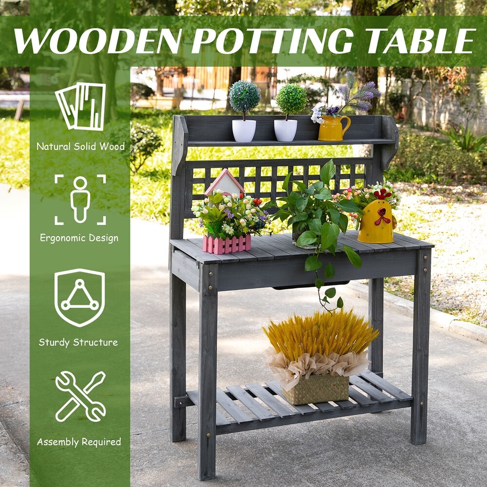 Outsunny 39'' x 18'' x 55'' Wood Garden Potting Work Table with Hidden Storage  Sink Basin    Below Clapboard