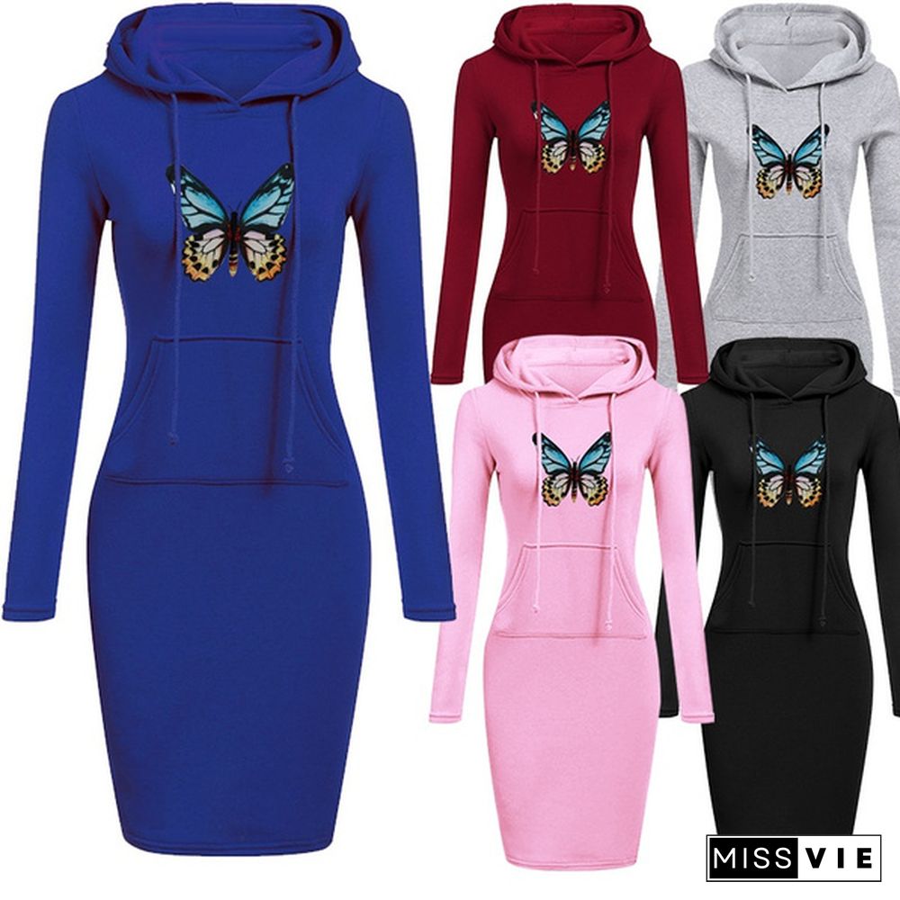 Butterfly Printed Women Hoodie Dress Autumn And Winter Fashion Long Sleeve Hoodie Casual Hooded Jumper Pockets Sweater Dress Pullover Dress