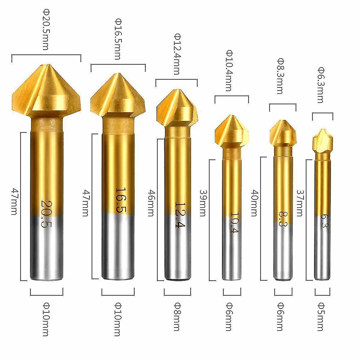 6 Pieces Hss Milling Cutter 90 Chamfer Milling Cutter 6.3mm 8.3mm 10.4mm 12.4mm 16.5mm 20.5mm Teeth Titanium Coating Tool Deburring Cutter Cylindrical