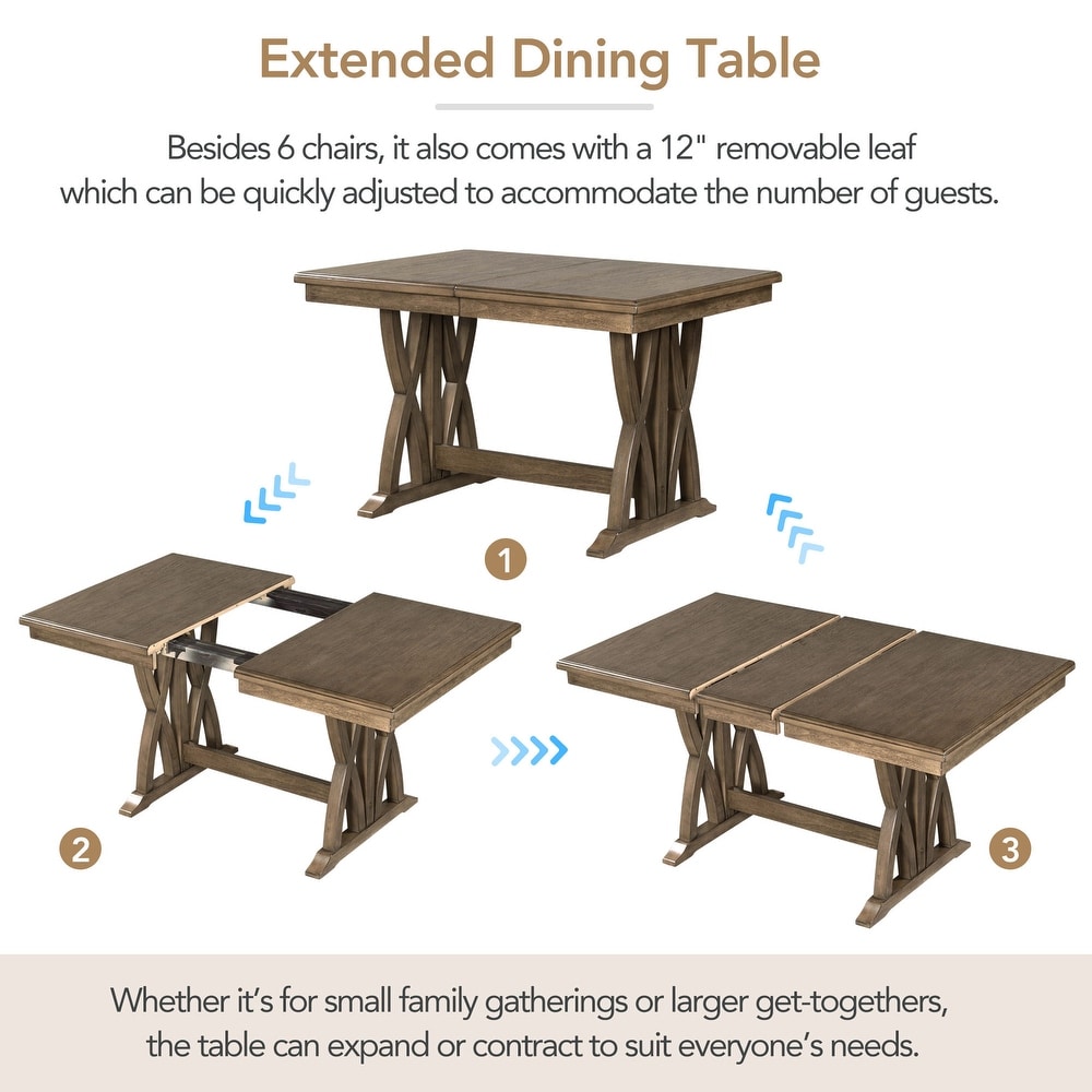 Mid Century Solid Wood 7 Piece Dining Table Set Extendable Kitchen Table Set with Upholstered Chairs and 12\