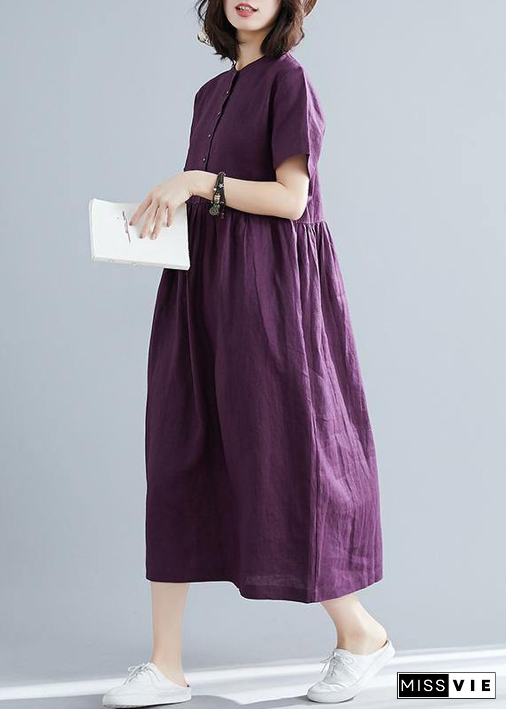 Women purple linen cotton clothes For Women plus size Fashion Ideas o neck large hem Maxi Summer Dresses