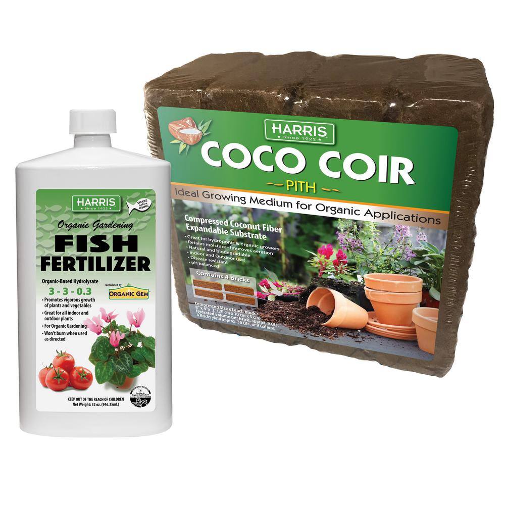 Harris 9 Gal. Expanding Coco Coir Pith (4 Brick Pack) and 32 oz. Organic Gardening Liquid Fish Fertilizer COCO4-FISH32