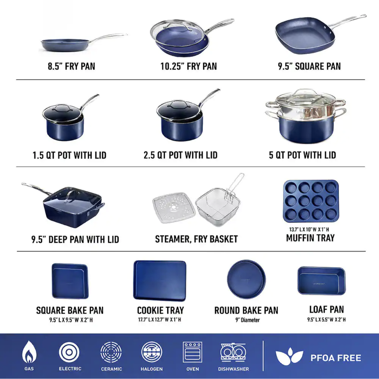 Granitestone Classic Blue 20-Piece Aluminum Ultra-Durable Non-Stick Diamond Infused Cookware and Bakeware Set💝 Last Day For Clearance