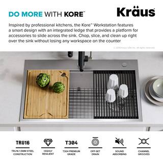 KRAUS Kore Workstation Drop-In Stainless Steel 30 in. Single Bowl Kitchen Bar Sink with Accessories KWT310-30