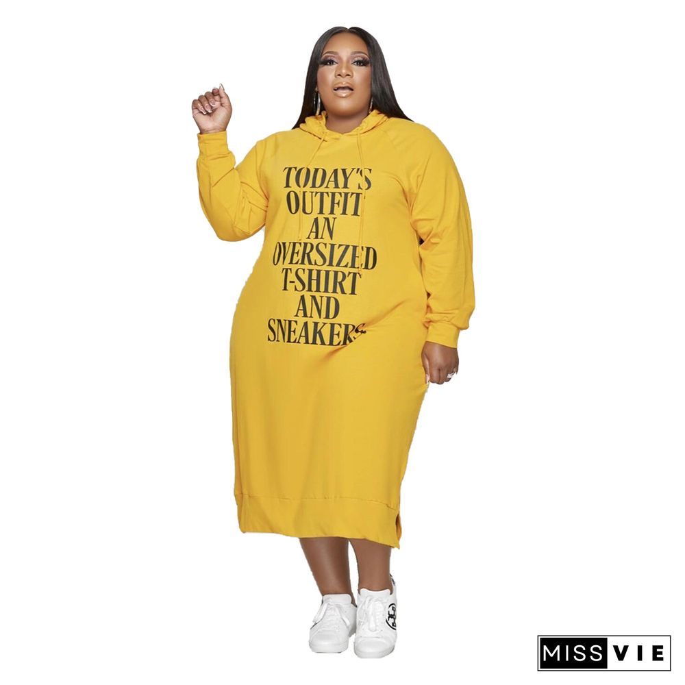 Letter Print Long Sleeve Hooded Loose Plus Size Dress