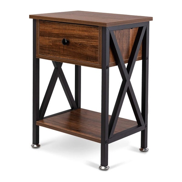 Nightstand with Drawer and Open Storage Shelves， Bedside End Table for Bedroom Living Room