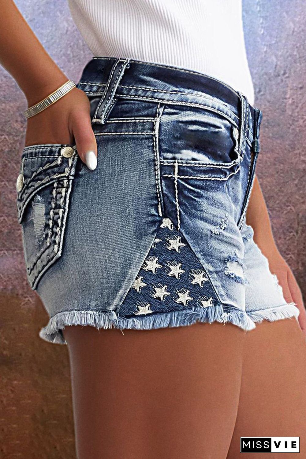 Star & Striped Embroidered Ripped Raw Hem Denim Shorts