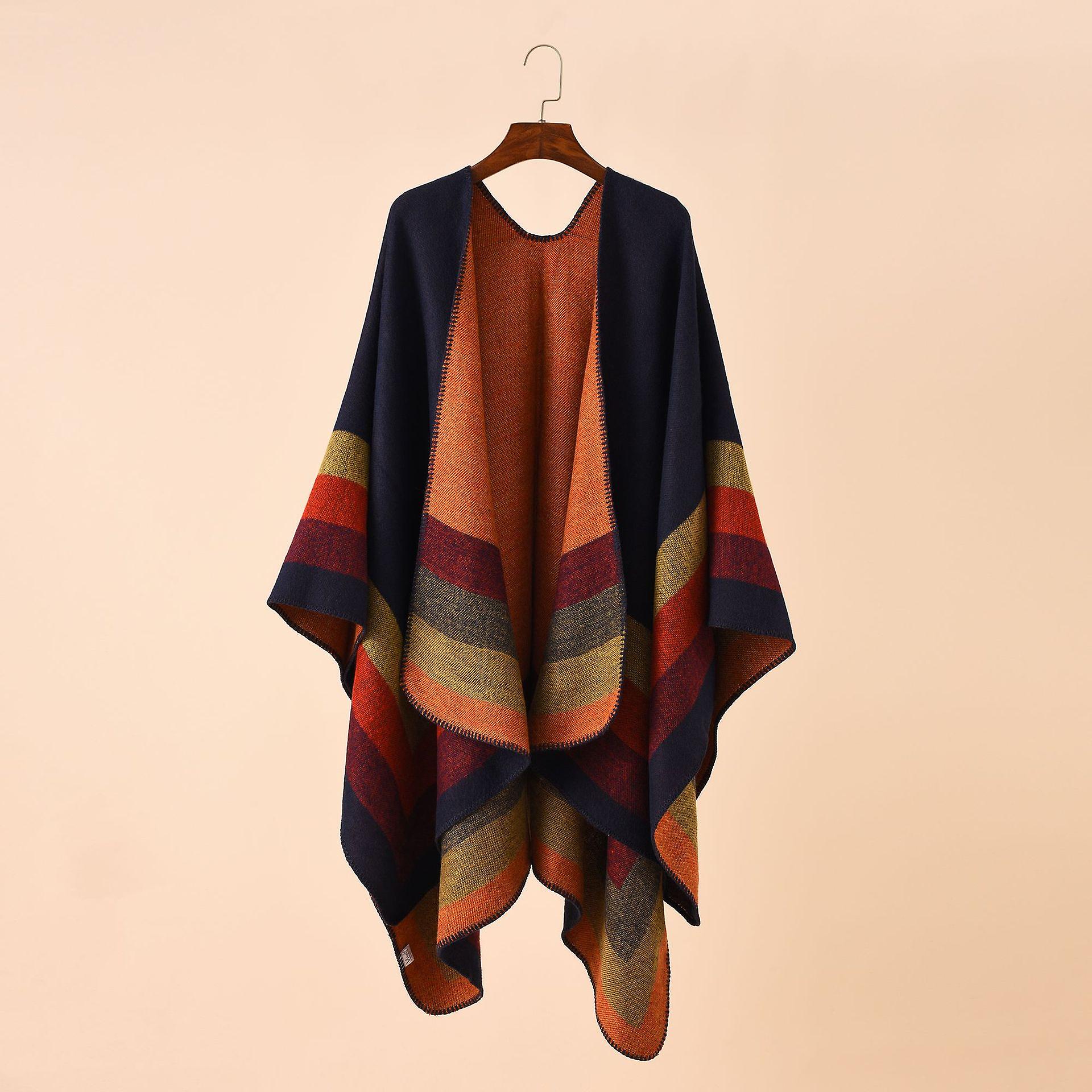 Women's Trendy Cashmere Stripe Pattern Wrap Shawl Cardigan Poncho Cape Scarf