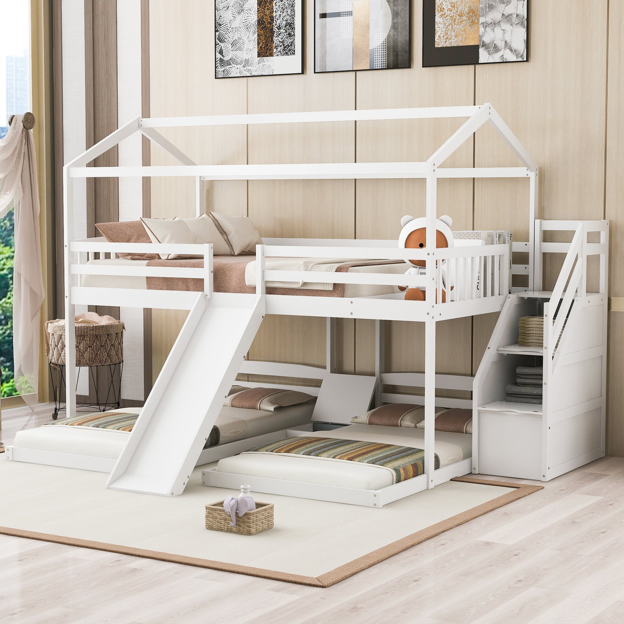 EUROCO Full over Twin & Twin Bunk Bed with Slide and Shelf for Kids, White