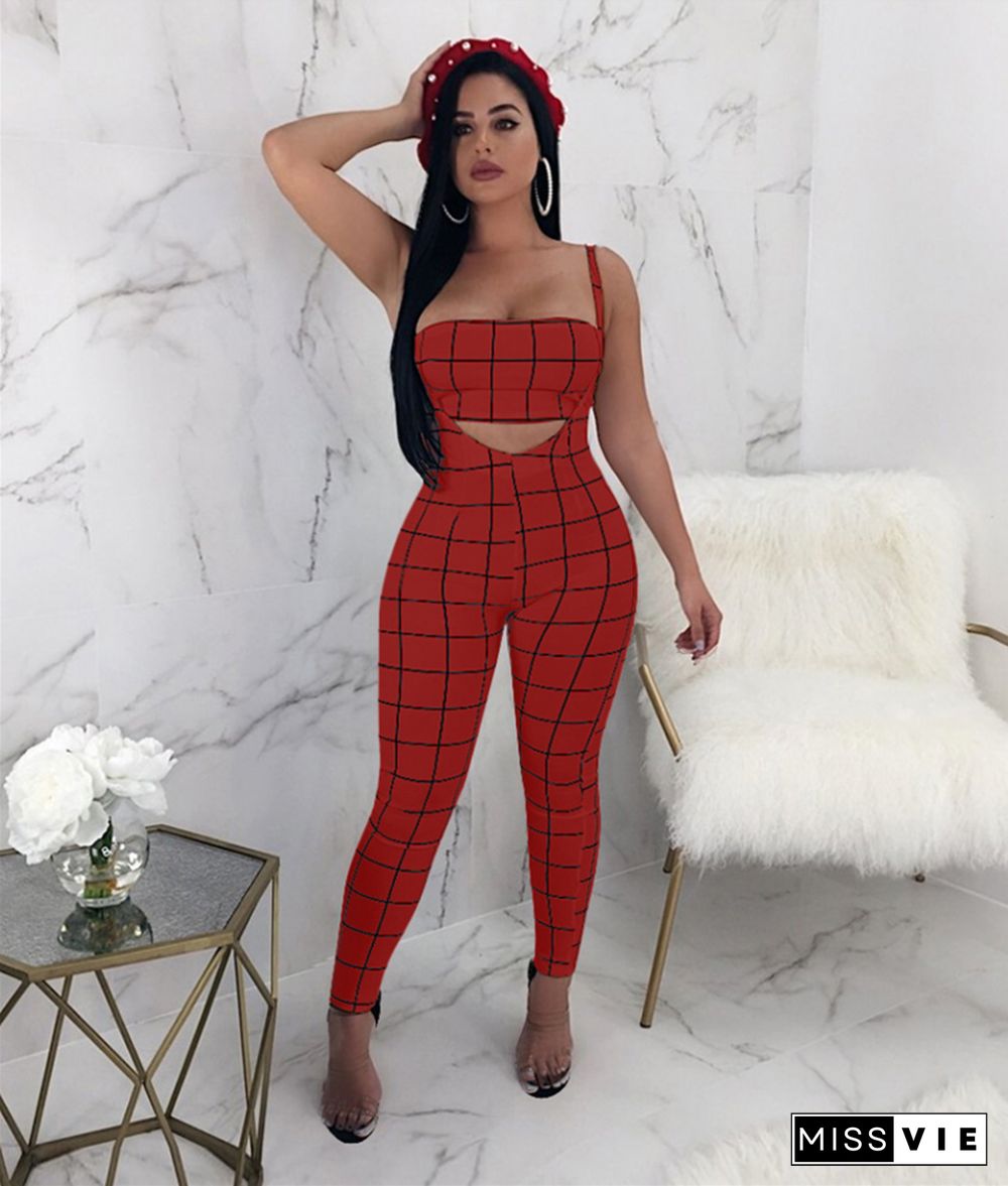 Plaid Strapless Crop Top+Skinny Jumpsuit Matching Sets