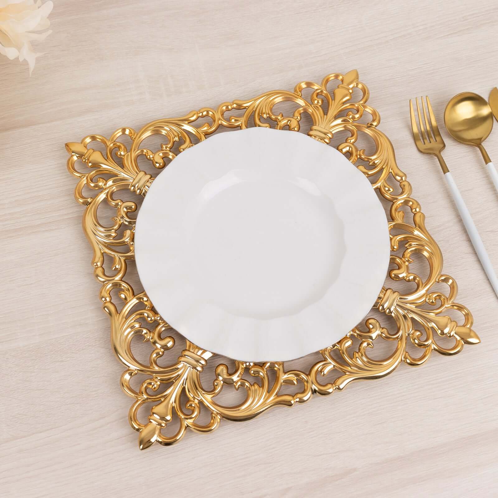 6 Pack Gold Square Acrylic Charger Plates with Hollow Lace Border, Dinner Chargers Event Tabletop Decor - 12