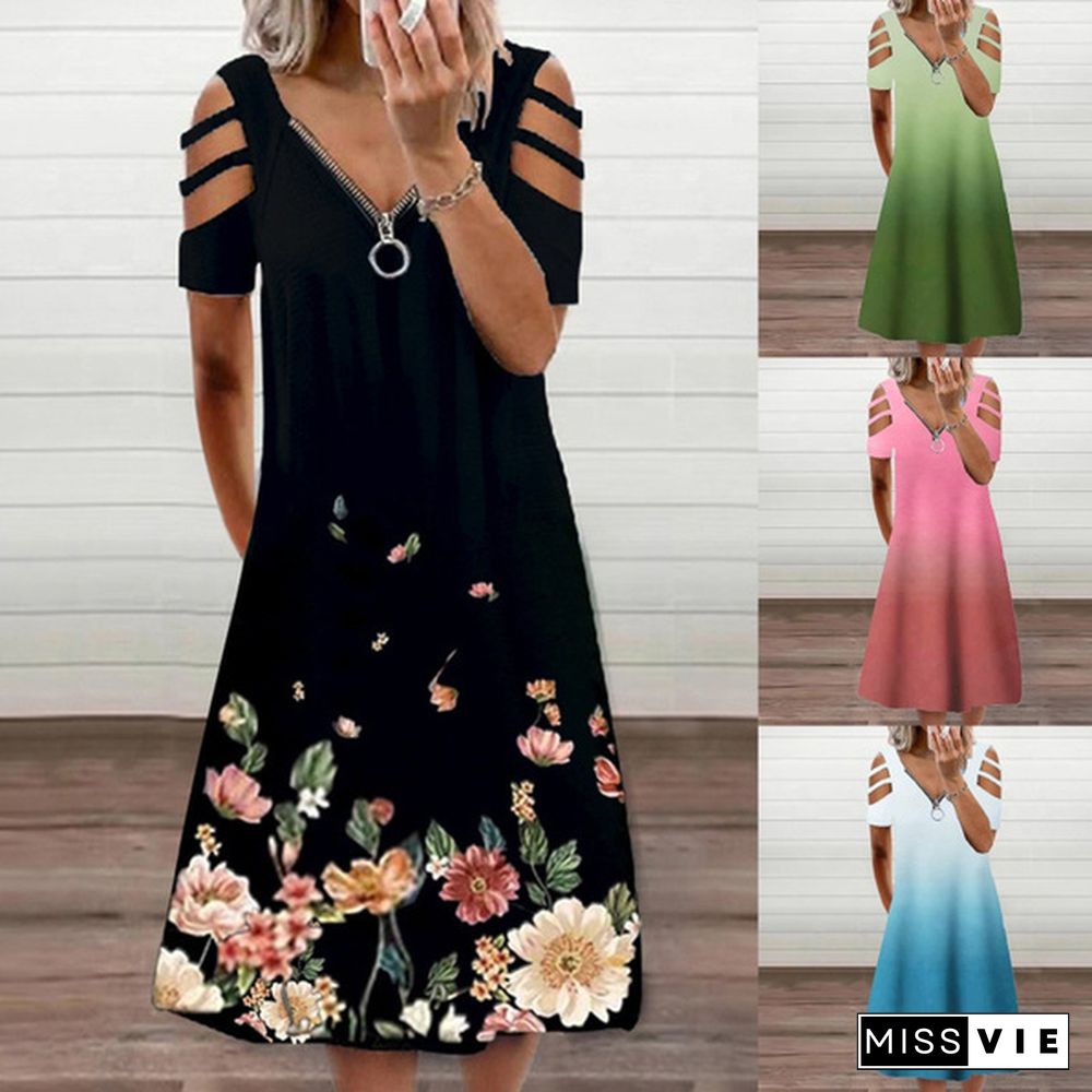 Summer New Casual Short-Sleeved Zipper V-Neck Dress Women's Loose Plus Size Dress Fashion Sexy Long Skirt