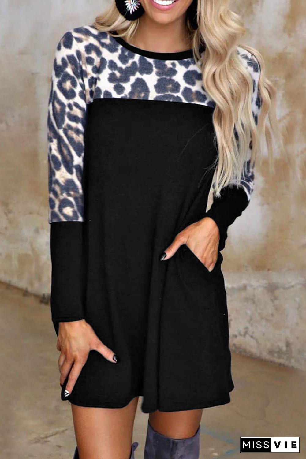 Leopard Print Splicing Long Sleeve Dress