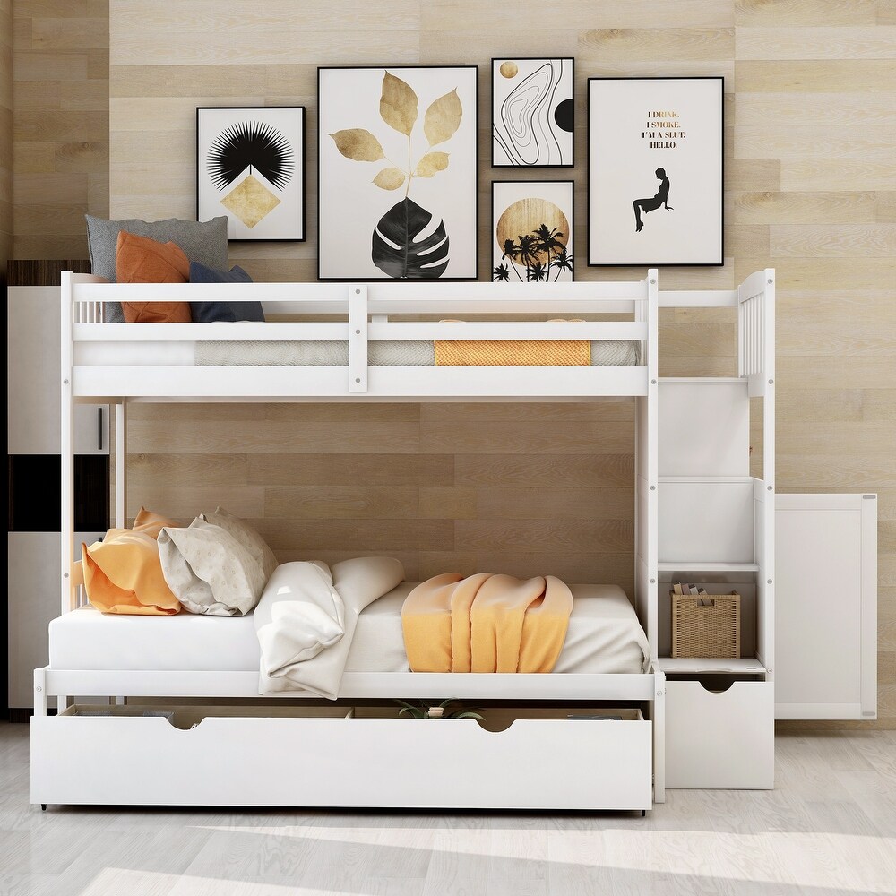 Contemporary Style Twin over Full/Twin Bunk Bed  Convertible Bottom Bed  Storage Shelves and Drawers