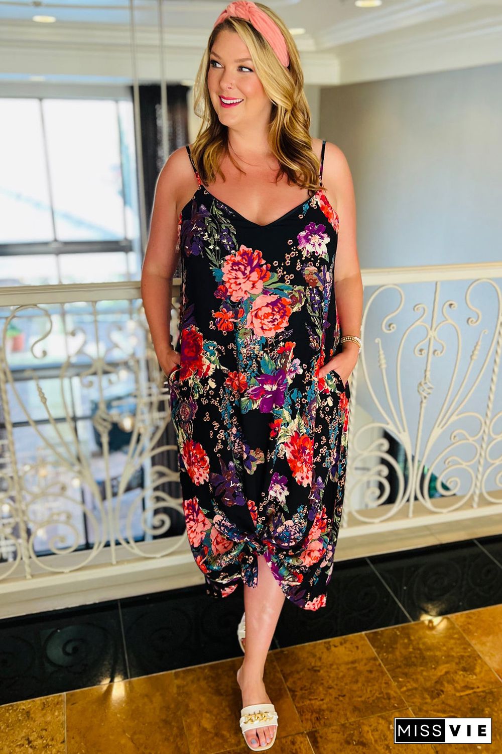 Black Plus Size Floral Print Thin Straps Maxi Dress