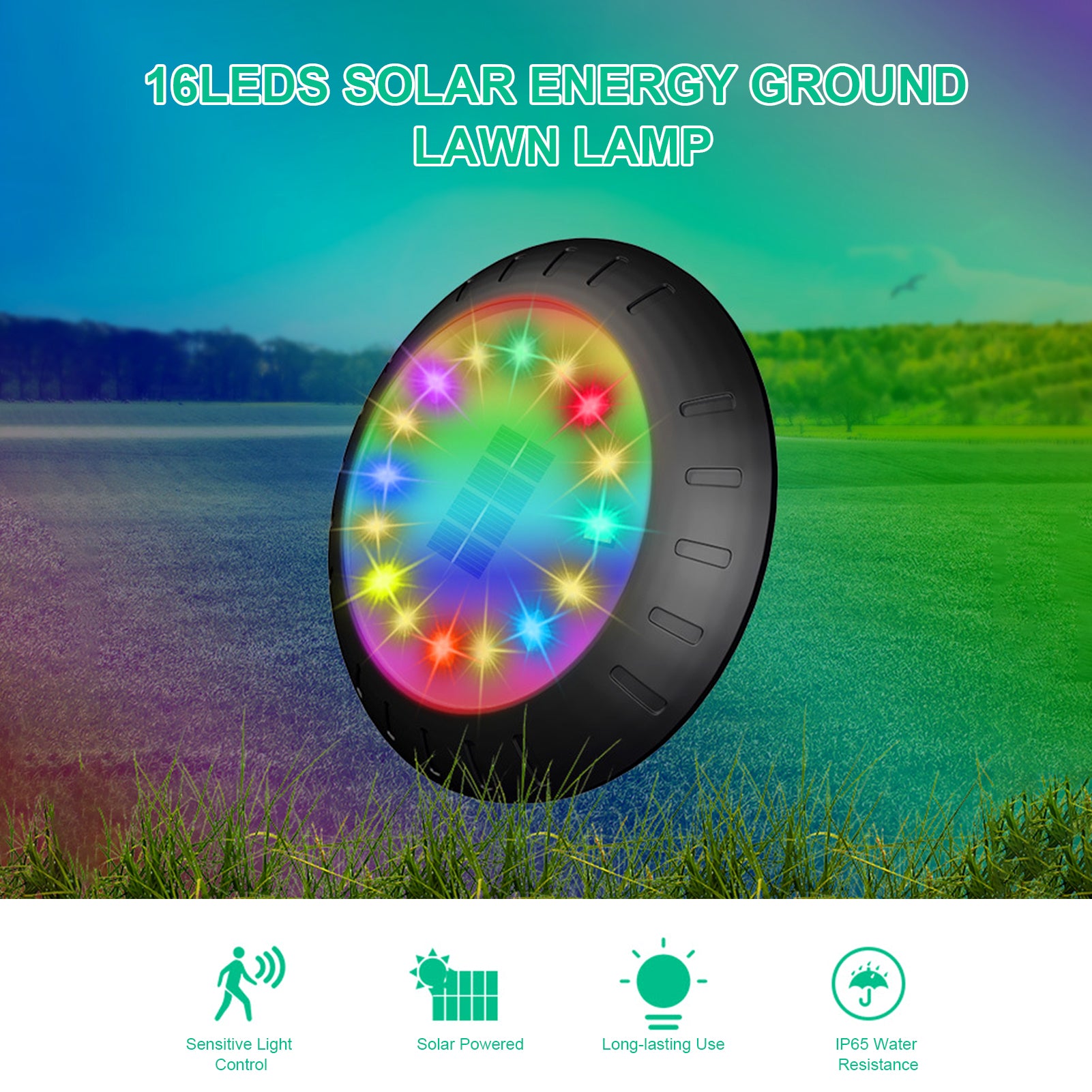 16LEDs Solar P-ower Energy Ground Lawn Lamp Disk Light Sensitive Light S-ensor IP65 Water Resistance Built-in 700mAh Rechargeable Cell for Patio Yard Garden Outdoor Use