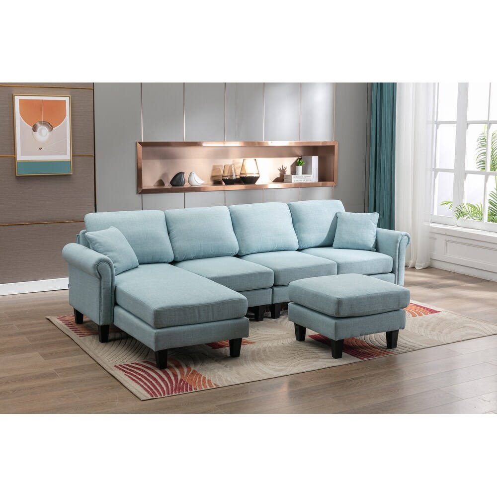 Velvet Upholstered L Shaped Sectional Sofa With Ottoman