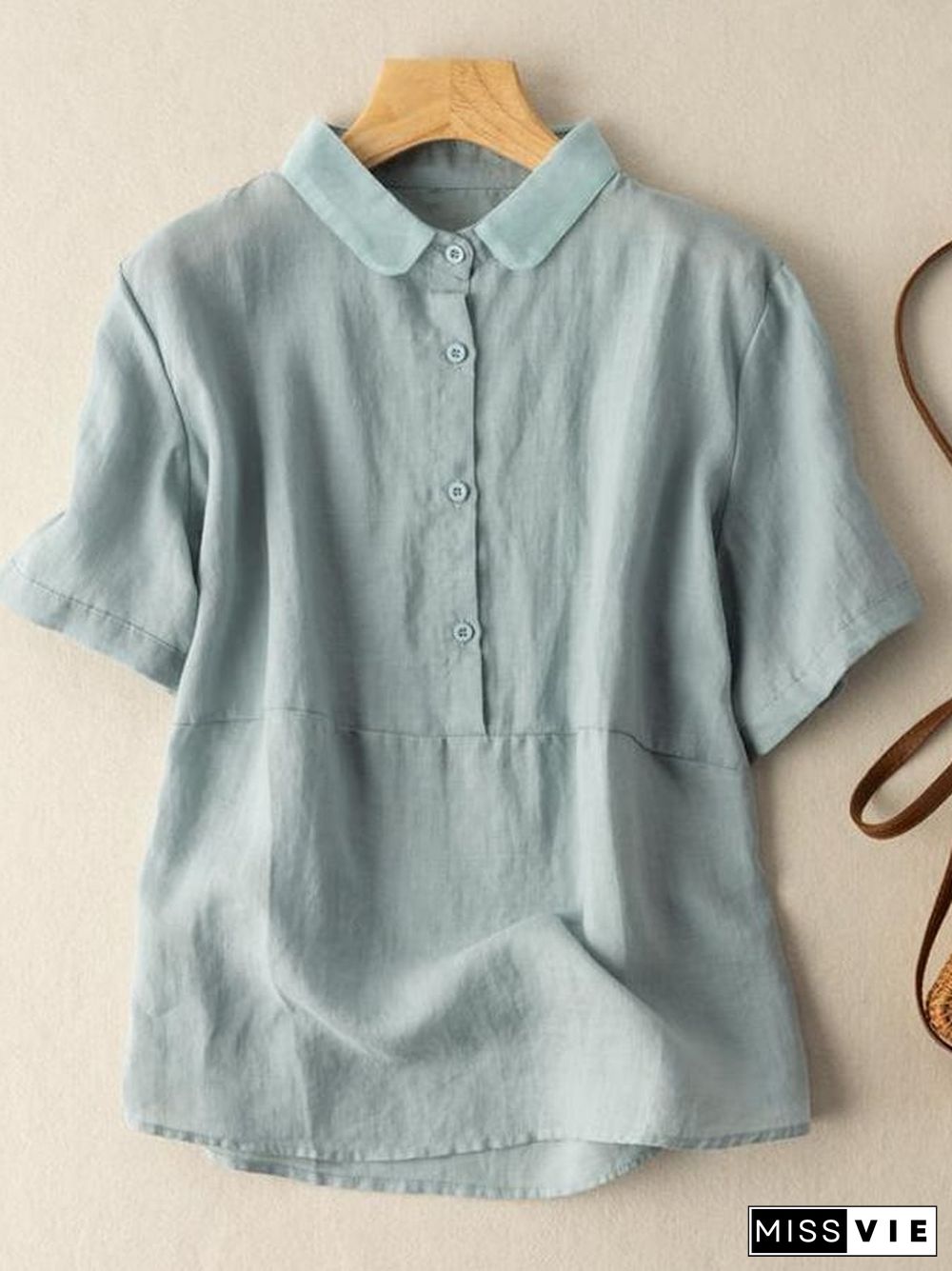 Women's Solid Color Cotton And Linen Lapel Short Sleeved Casual Blouse