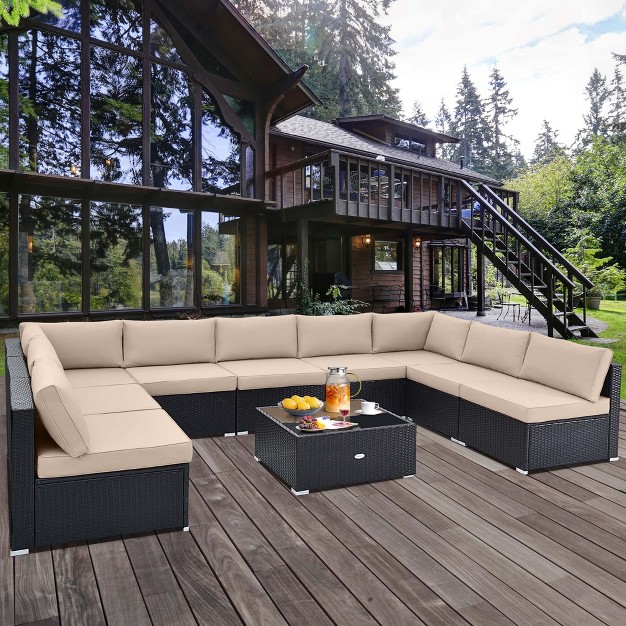 Costway 10 Pcs Patio Rattan Furniture Set Outdoor Wicker Sofa Table Cushioned Seat Black brown