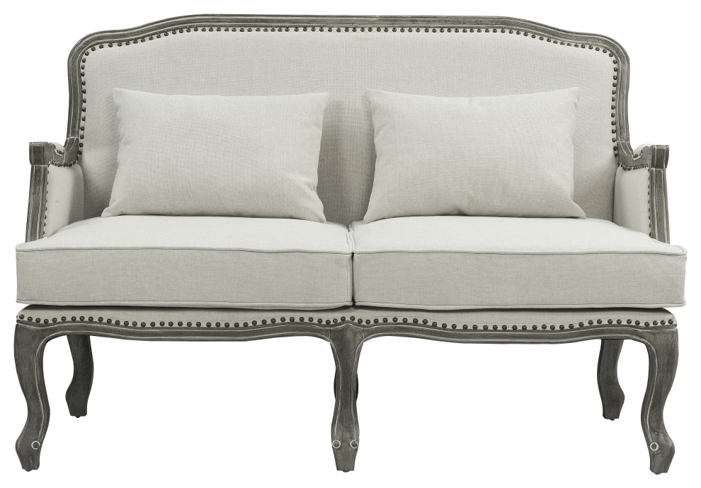 ACME Tania Loveseat w/2 Pillows in Cream Linen  ampBrown Finish   French Country   Loveseats   by Homesquare  Houzz