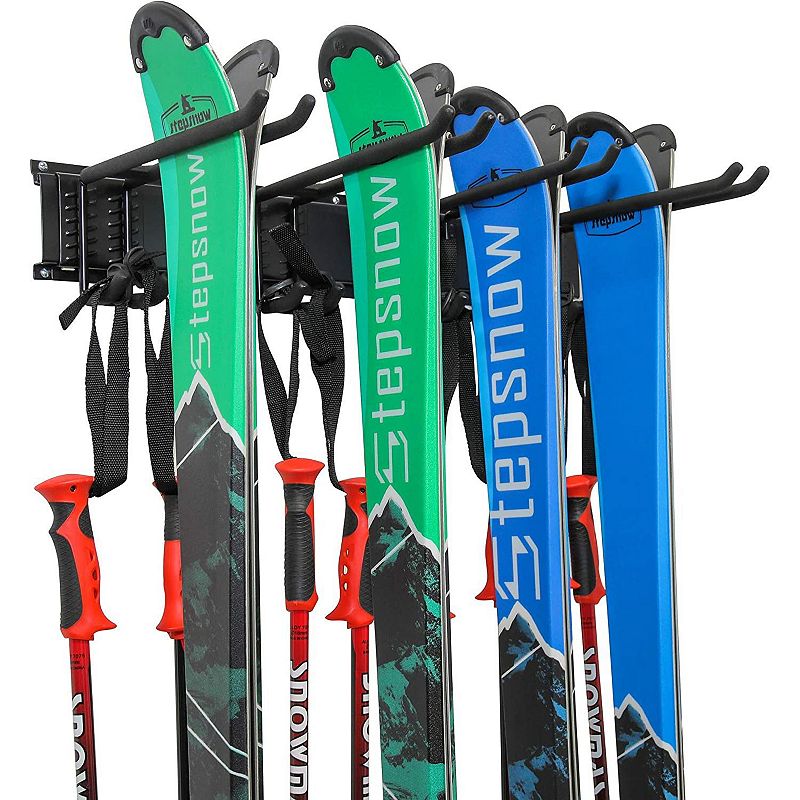 RaxGo Ski Wall Rack， Holds 4 Pairs of Skis and Skiing Poles or Snowboard w/Adjustable Rubber-Coated