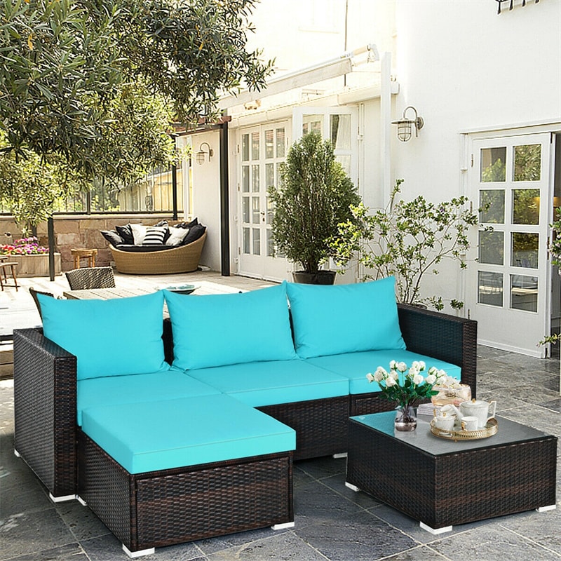 5 Pcs Rattan Wicker Outdoor Patio Sectional Furniture Set with Coffee Table & Cushions