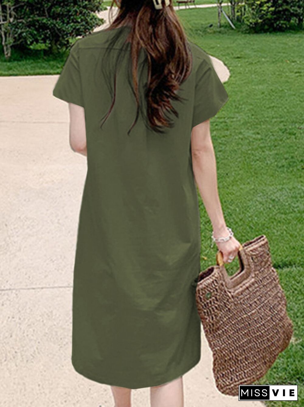 Leisure Solid Button Pocket Lapel Midi Dress