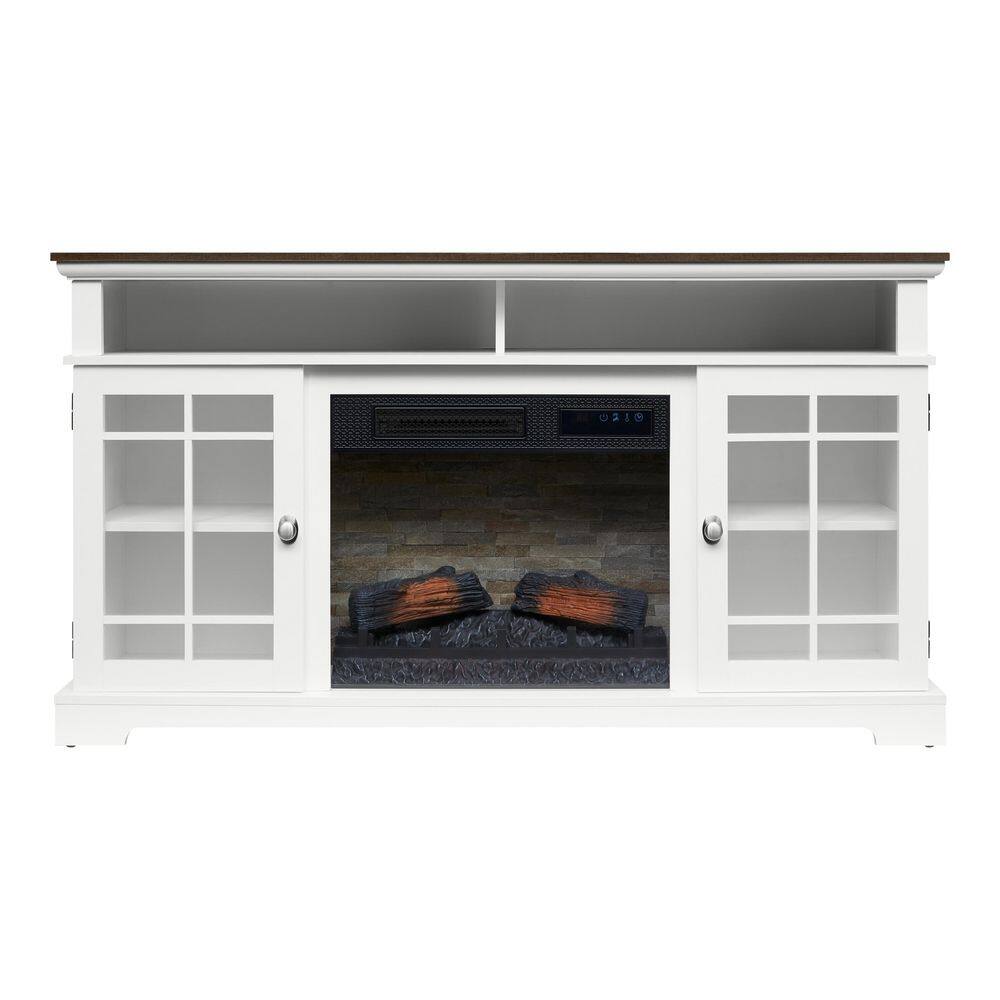 StyleWell Canteridge 60 in. Freestanding Media Console Electric Fireplace TV Stand in White with Brown Top 150717