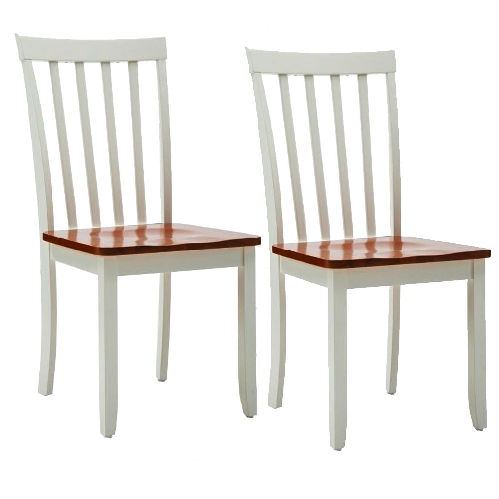 Wooden Seat Dining Chair with Slatted Backrest， Set of 2， Brown and White - 20 H x 37.5 W x 17 L Inches