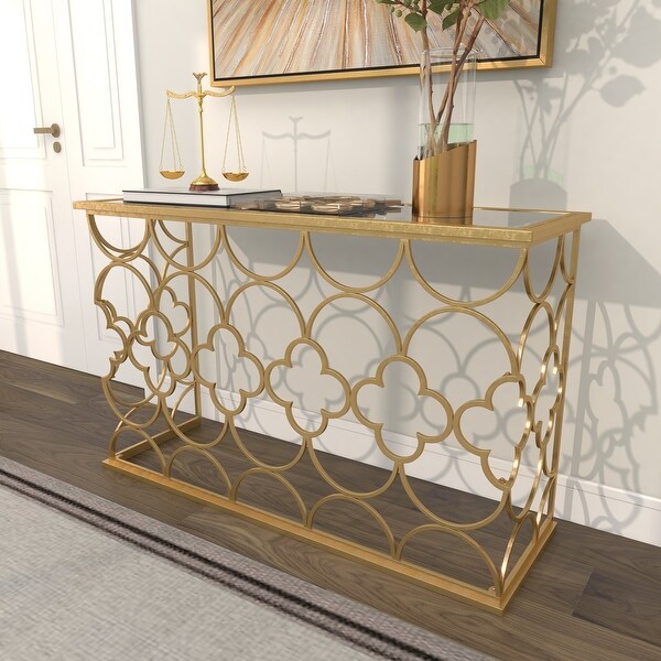 Gold Metal Quatrefoil Design Geometric with Glass Top Accent and Coffee Table Collection