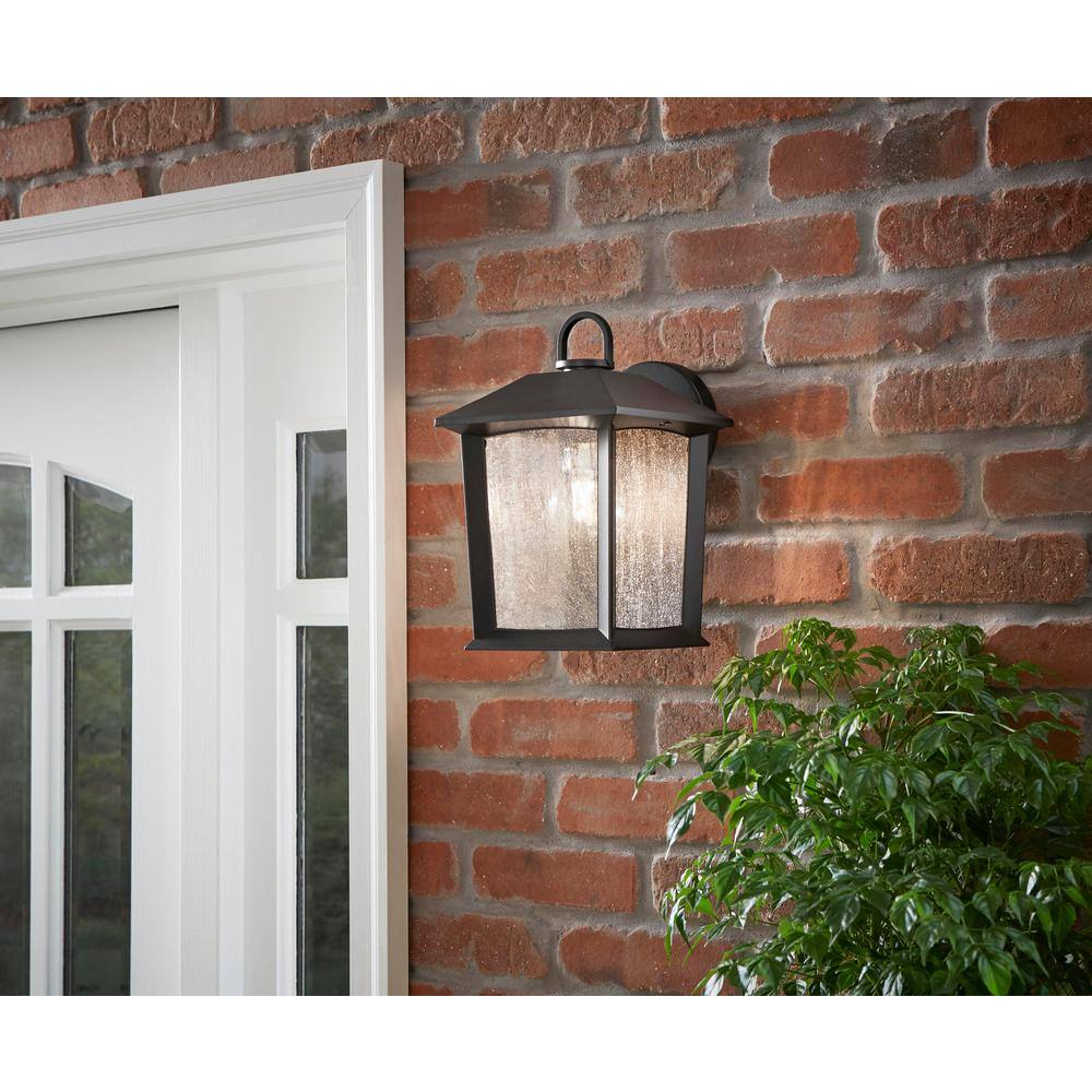 Hampton Bay ASHTON 1-Light Black Outdoor Wall Mount Lantern Sconce with Seeded Glass 5284002012