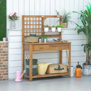 Outsunny 41.25 in. W x 55.75 in. H Brown Potting Bench Table Garden Work Bench Wooden Workstation 845-666BN