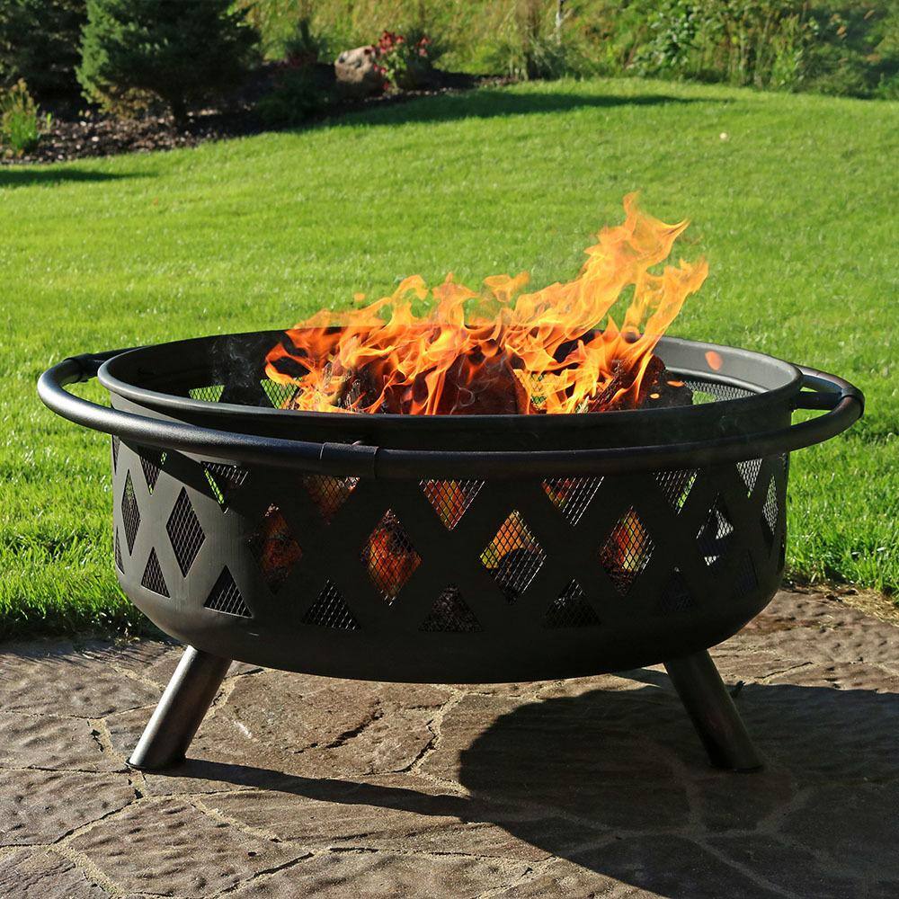 Sunnydaze Decor Black Cross Weave 36 in. x 24 in. Round Steel Wood Burning Fire Pit with Spark Screen NB-610037BLK