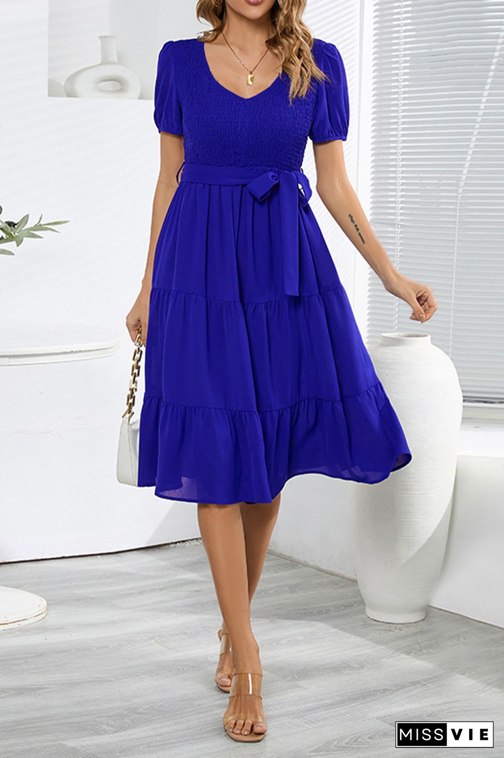 Plain V Neck Smocked Puff Tiered Midi Dress