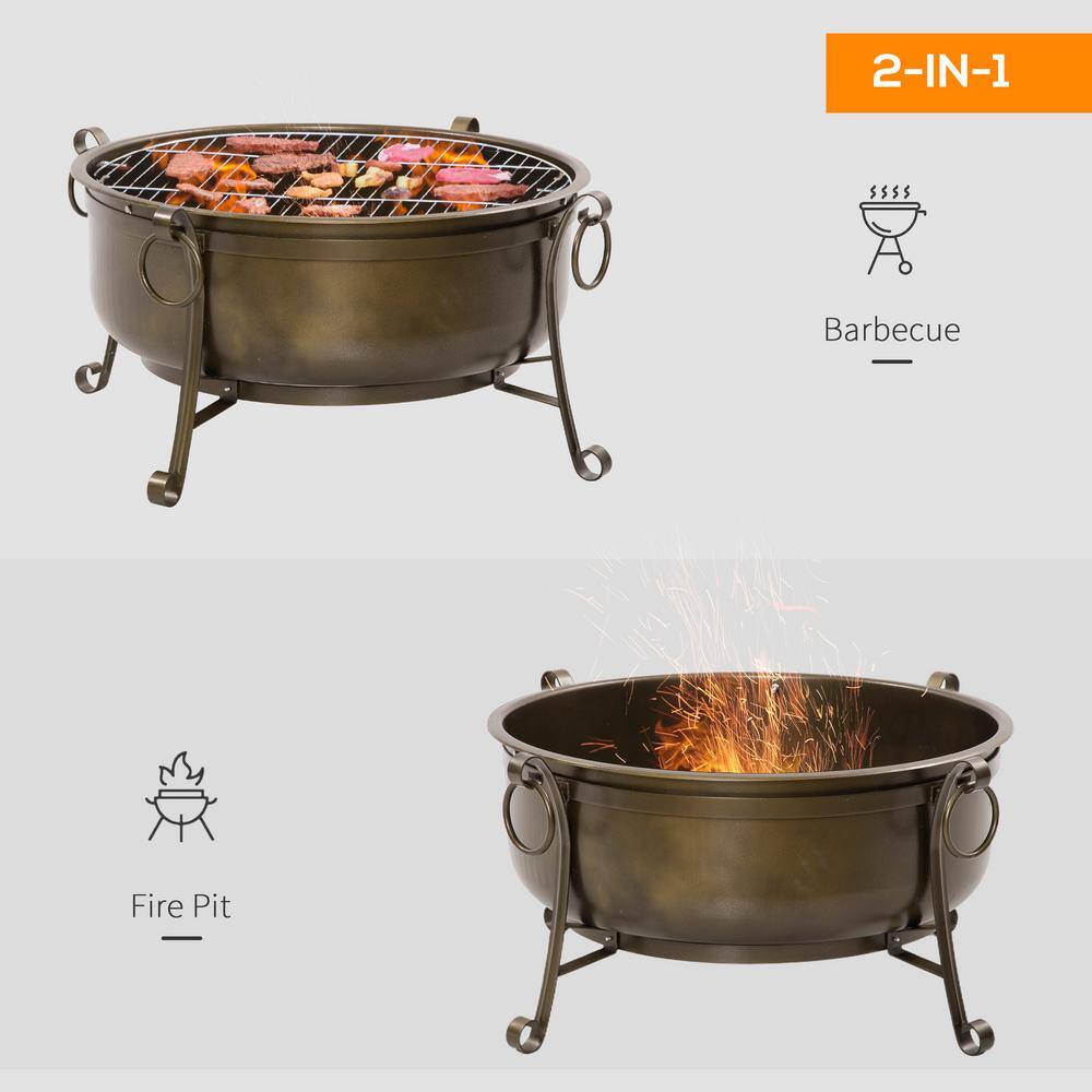 Outsunny 37 in. 2-in-1 Outdoor Fire Pit with BBQ Grill Patio Heater Wood Charcoal Burner Firepit Bowl with Spark Screen Cover 842-242