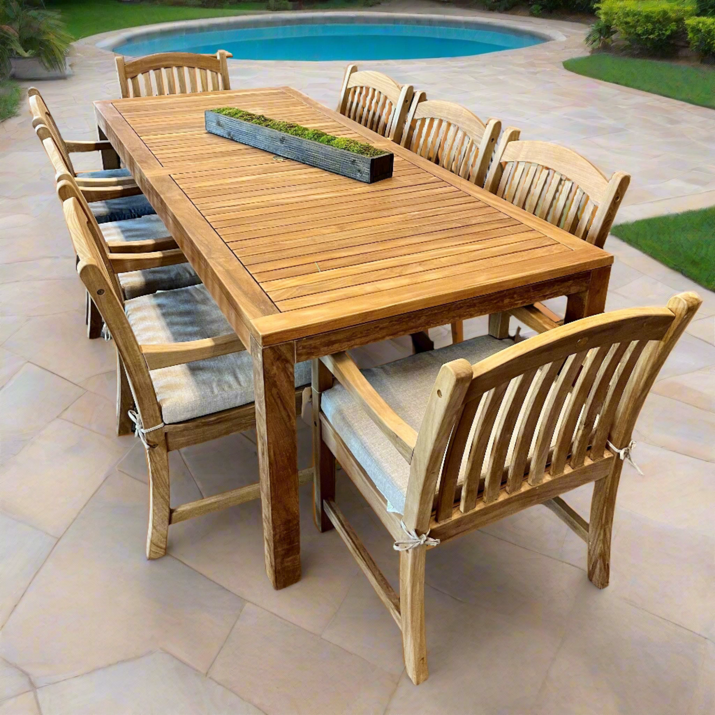 Rinjani Teak 7pc Outdoor Dining Set (Teak 94 Rectangular Table with 6 Tista Teak Armchairs +FREE Cushions)