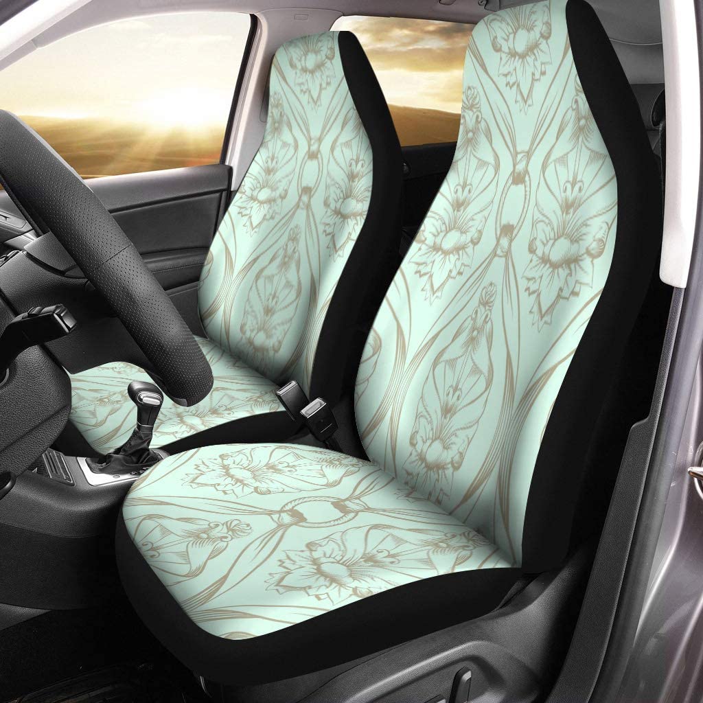 ZHANZZK Set of 2 Car Seat Covers Green Abstract Pattern Antique Baroque Beautiful Black Carpet Curve Universal Auto Front Seats Protector Fits for Car，SUV Sedan，Truck