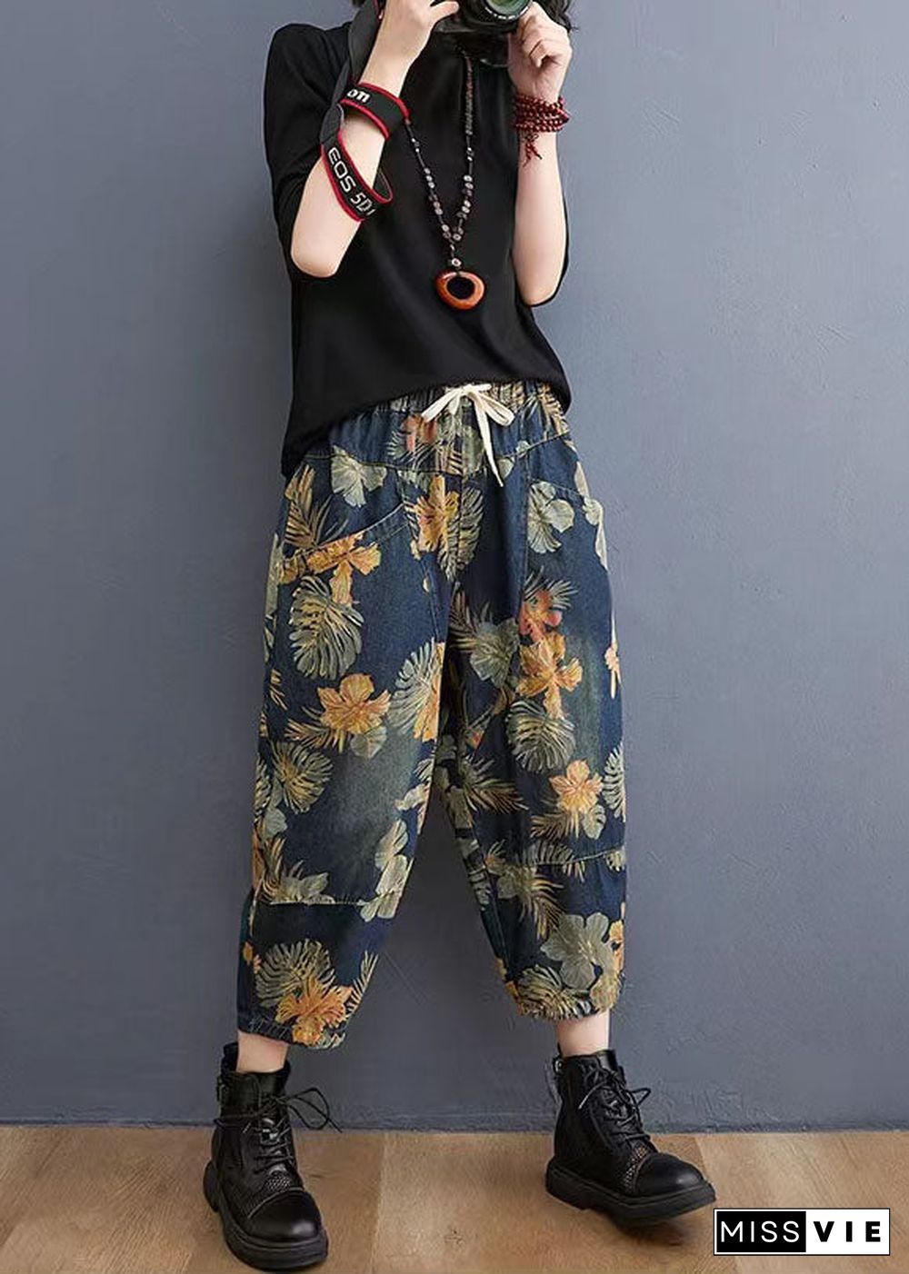 French Navy elastic waist drawstring pockets Print Denim Pants Spring