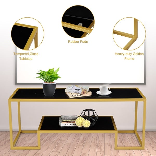 Glass Coffee Table and End Table Set， Modern Tempered Glass Center Table with Open Storage Shelf Rectangle Tea Table