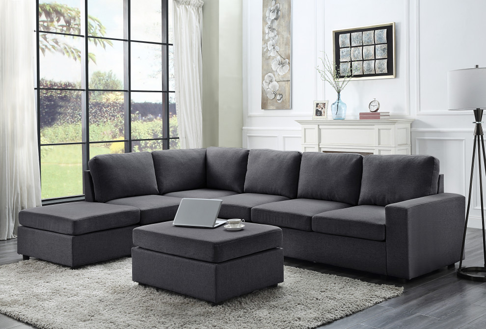 Cassia Modular Sectional Sofa With Ottoman  Dark Gray Linen   Transitional   Sectional Sofas   by Homesquare  Houzz