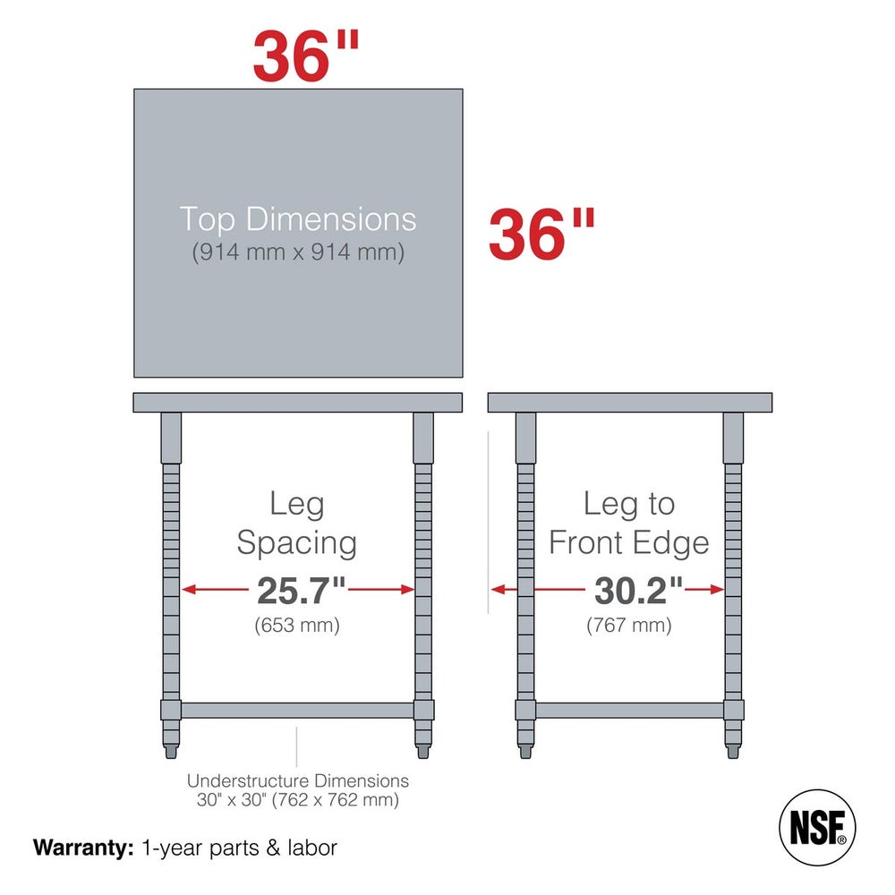 Metro TWS3636SU-304-K TableWorx Stationary Stainless Steel Work Table with Open 3-Sided Frame， 36