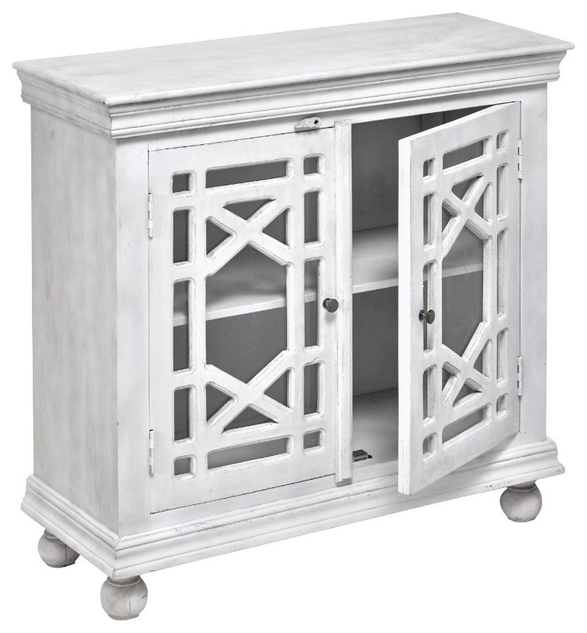 40 quotDistressed White Solid Wood Glass Trellis Doors Accent Cabinet   Farmhouse   Accent Chests And Cabinets   by Sideboards and Things  Houzz